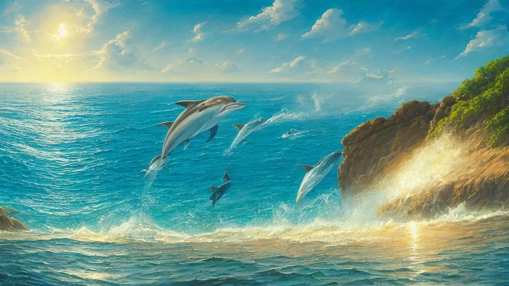Image similar to sea, summer, clear beautiful sky, bright sky, dolphins jumping, peaceful, amazing, by andreas rocha and john howe, and Martin Johnson Heade, featured on artstation, featured on behance, golden ratio, ultrawide angle, f32, well composed