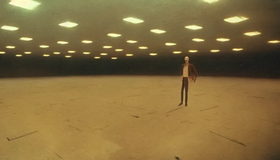 Image similar to 70s movie still of a man with superthin head in an empty soviet ballroom, eastmancolor, heavy grain, high quality, higly detailed, liminal space