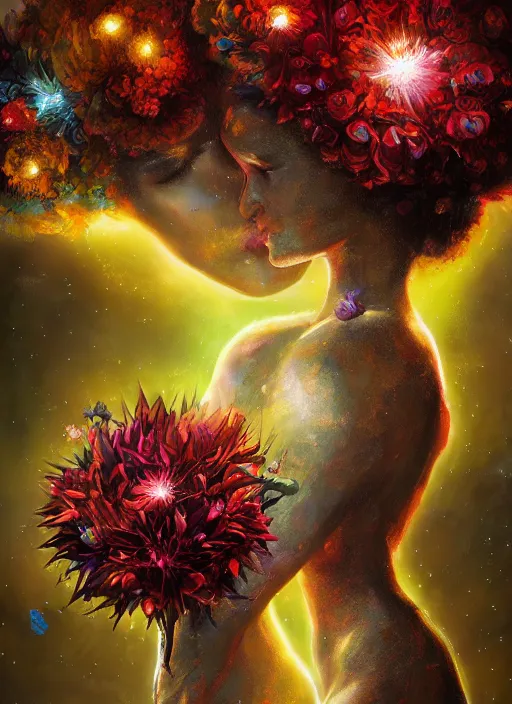 Image similar to An epic fantastic realism comic book style painting of the most beautiful entwined flowers launched across the dark and starry night sky, nebulous bouquets, fisheye lens, unreal 5, DAZ, hyperrealistic, octane render, dynamic lighting