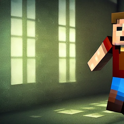 Image similar to Steve from Minecraft, Steve is falling into the deep dark, chiaroscuro, dramatic, award-winning render