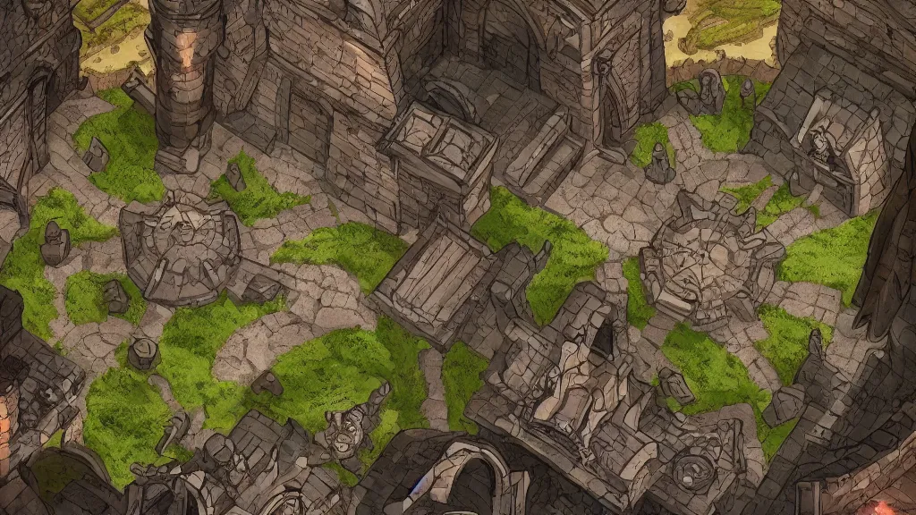 Image similar to wide establishing shot of a dungeons and dragons battle map, top view of inside of a great hall inside a castle, dynamic composition, dramatic lighting, trending on artstation, digital art, stylized painting