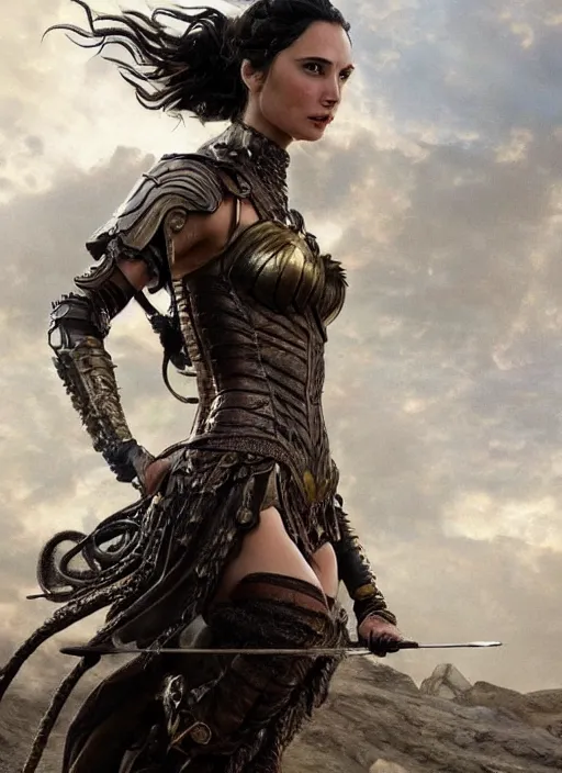 Image similar to highly detailed steampunk armor on gal gadot posing while standing on a rock : leonardo da vinci, greg rutkowski, magali villeneuve