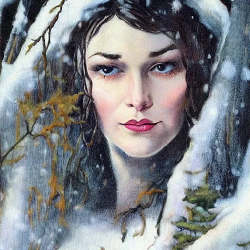 Prompt: ultra realistic portrait painting of a witch in the snow by a fire, art by frank frazetta, vintage levi ’ s ad, stormy weather, dark vibes, 4 k, ultra realistic, highly detailed, epic lighting