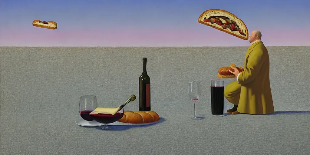 Prompt: an achingly beautiful still life featuring loaf of bread head with wine and Cheese very coherent, painted by Edward Hopper, Wayne Barlowe, painted by James Gilleard, airbrush, art by JamesJean