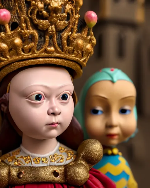 Image similar to closeup profile medieval jan van eyck face portrait of tin toy greta thunberg as a fairytale princess wearing a crown eating cakes in the castle, bikini, nicoletta ceccoli, mark ryden, lostfish, max fleischer, depth of field, detailed and intricate environment, 8 k resolution, hyperrealistic, octane render