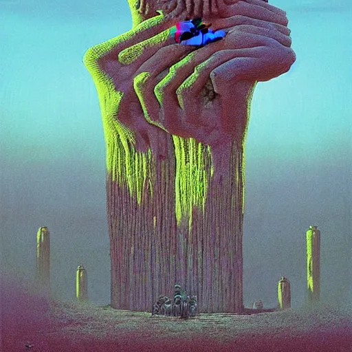 Image similar to kang and kodos ( the simpsons halloween special ) by beksinski and tristan eaton, dark neon trimmed beautiful dystopian digital art