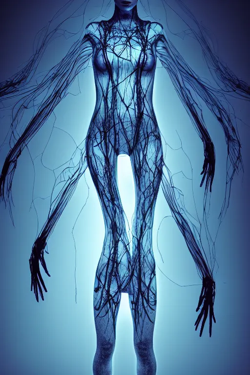 Prompt: a mesh female form composed of dark neurons and veins, see - through, subsurface illumination, cinematic, octane rander, photograph, 3 d, detail, character concept, portrait, dramatic volumetric lighting,