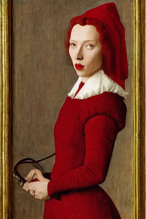 Prompt: portrait of scarlet johansson by jan van eyck