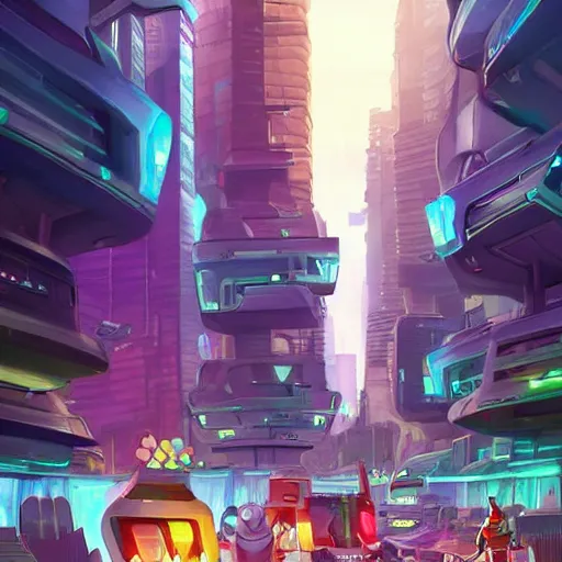 Image similar to swagger! futuristic living large in the city by tyler edlin, entourage struts down the sidewalk, bold colors, detailed, incredible lighting, great composition, artstation