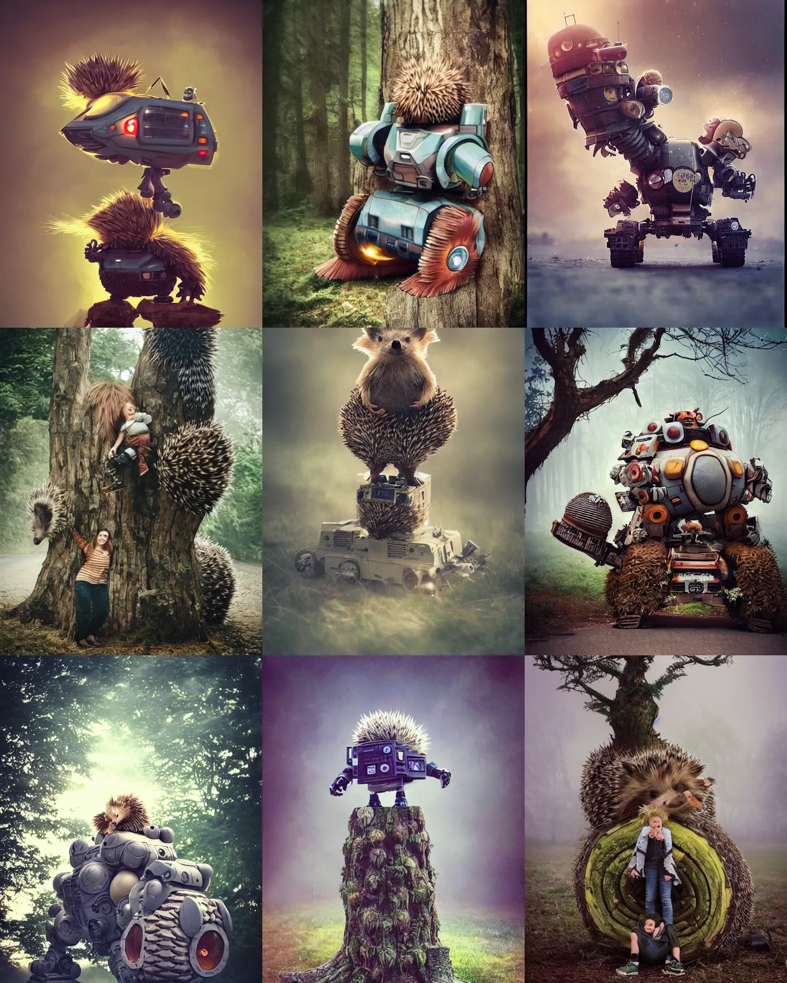 Prompt: epic pose!!! giant oversized battle hedgehog robot wacky chubby war mech winnning sport cute vehicle! double decker with giant oversized hair and hedgehog babies ,on tree trunk , full body , Cinematic focus, Polaroid photo, vintage , neutral dull colors, soft lights, foggy mist ,sunrise, by oleg oprisco , by thomas peschak, by discovery channel, by victor enrich , by gregory crewdson