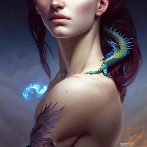 Image similar to portrait painting of a human fusion with a dragon, ultra realistic, concept art, intricate details, eerie, highly detailed, photorealistic, octane render, 8 k, unreal engine. art by artgerm and greg rutkowski and charlie bowater and magali villeneuve and alphonse mucha