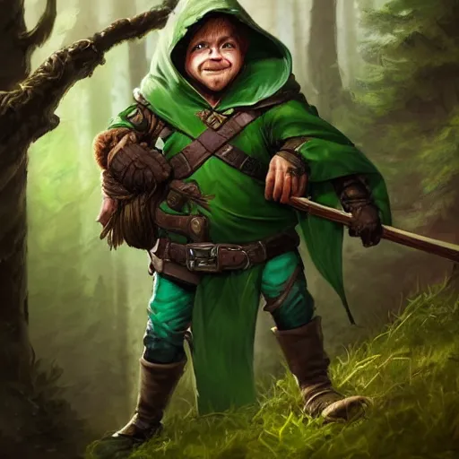 Image similar to a handsome young rugged halfling ranger and a dark green hood and cloak in the forest, adventure gear, realistic, detailed, masterpiece, by Tony Sart, trending on ArtStation