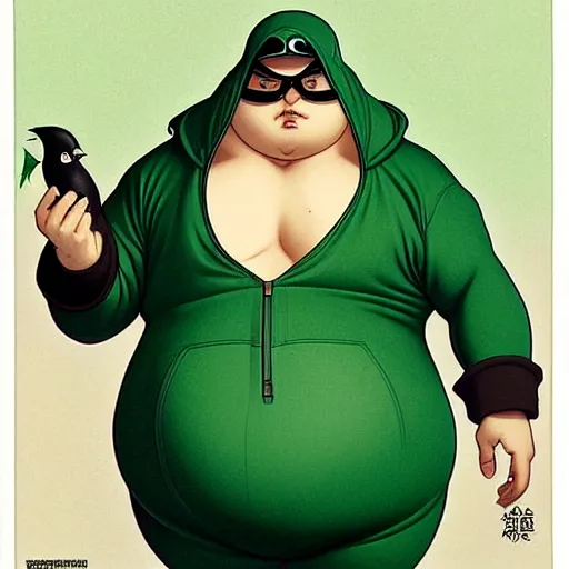 Image similar to masculine fat chonky pigeon in a green onepiece body suit, by Range Murata and Mucha