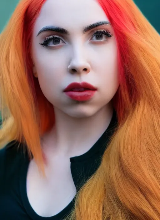 Image similar to ava max bright red hair photographed by charlotte rutherford, canon, highly realistic. high resolution. highly detailed. dramatic. 8 k. 4 k.