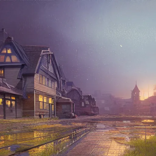 Prompt: A beautiful oil painting of a buildings in a serene landscape by Carl Critchlow, Harold von Schmidt and Mario Cooper and Simon Stalenhag, Neil Blevins and John Atkinson Grimshaw,beeple, dan Mumford concept art wallpaper 4k, trending on artstation, concept art