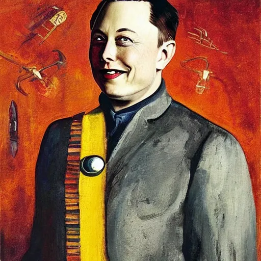 Image similar to “a deliriously happy king elon musk, portrait oil painting by Otto Dix, oil on canvas (1921)”