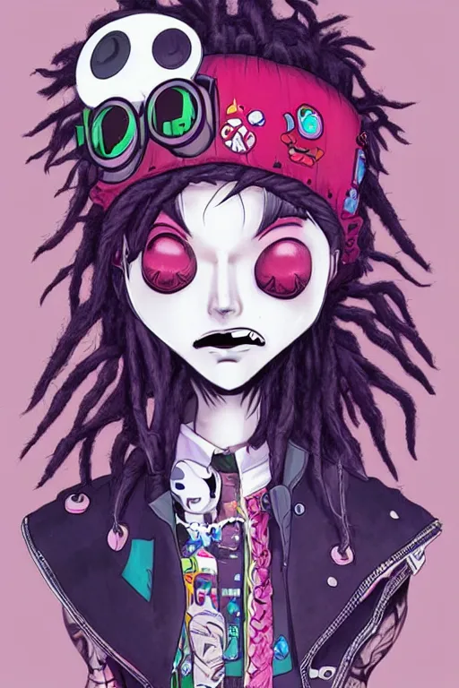 Prompt: kawaii pastel goth guy with dreads and eccentric clothing by jamie hewlett and artgerm, cel shading, toon shading, detailed,