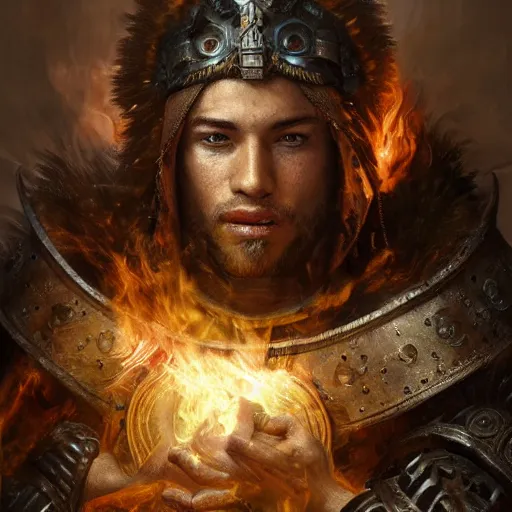 Prompt: HDR, realistic, high depth of field portrait of beautiful athletic male human latino short-haired sun cleric druid shaman with firefox pet, flame conjuring armored, highly detailed, moody face expression, intricate image by Andrei Riabovitchev, Shaun Tan and Peter Mohrbacher, matte painting