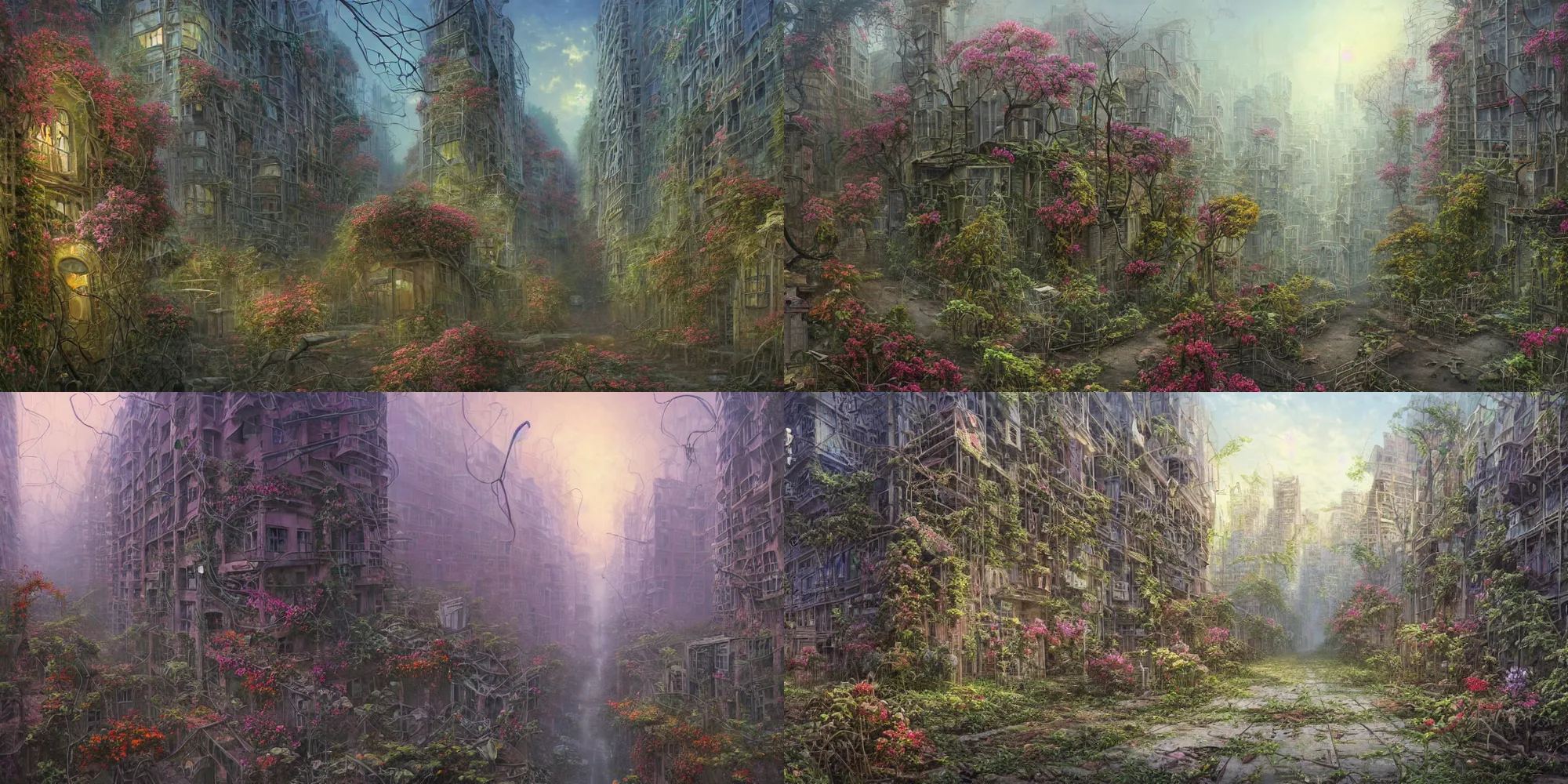 Prompt: An abandoned cityscape, with vines and flowers growing through the cracks, by Michael Kaluta, Zdzisław Beksiński and Thomas Kinkade, beautifully and highly detailed painting of an abandoned cityscape, with vines and flowers growing through the cracks, by David Friedrich, Cyril Rolando and Dan Mumford, higly intricate, sophisticated and complex digital painting, concept art, hyperrealism, Cinema 4D, 8k resolution, 64 megapixels, CGSociety, ZBrush Central, behance HD, hypermaximalist, a masterpiece, parallax, geometric