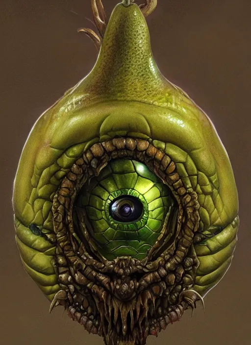 Prompt: pear mf doom reptile eyes, metal pear skin. intricate, elegant, highly detailed pear, centered, digital painting, artstation, concept art, smooth, sharp focus, illustration, artgerm, tomasz alen kopera, peter mohrbacher, donato giancola, joseph christian leyendecker, wlop, frank frazetta