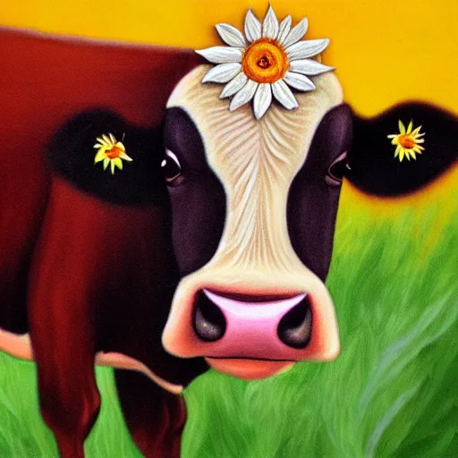 Prompt: a cows face with sun flower background, photorealistic