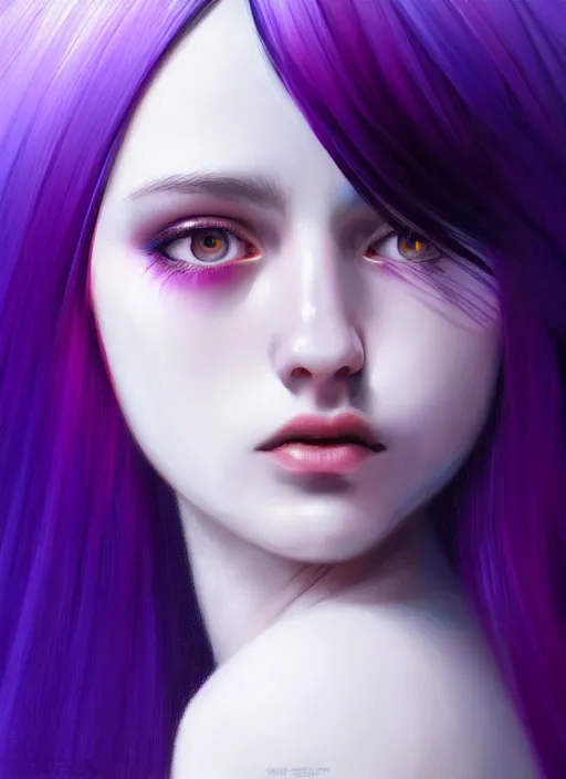 Image similar to hair whitebangs hair, black hair, whitebangs, portrait of teenage girl with white bangs, red irises, purple clothes, white bangs, bangs are different color from hair, intricate, elegant, glowing lights, highly detailed, digital painting, artstation, concept art, smooth, sharp focus, illustration, art by wlop, mars ravelo and greg rutkowski