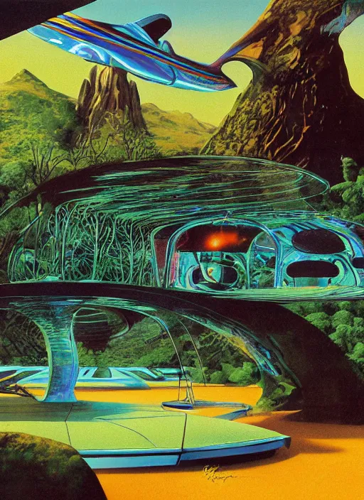 Prompt: photorealistic image of a retro futurism, solarpunk, nature - core, psychedelic, by roger dean, by dean ellis