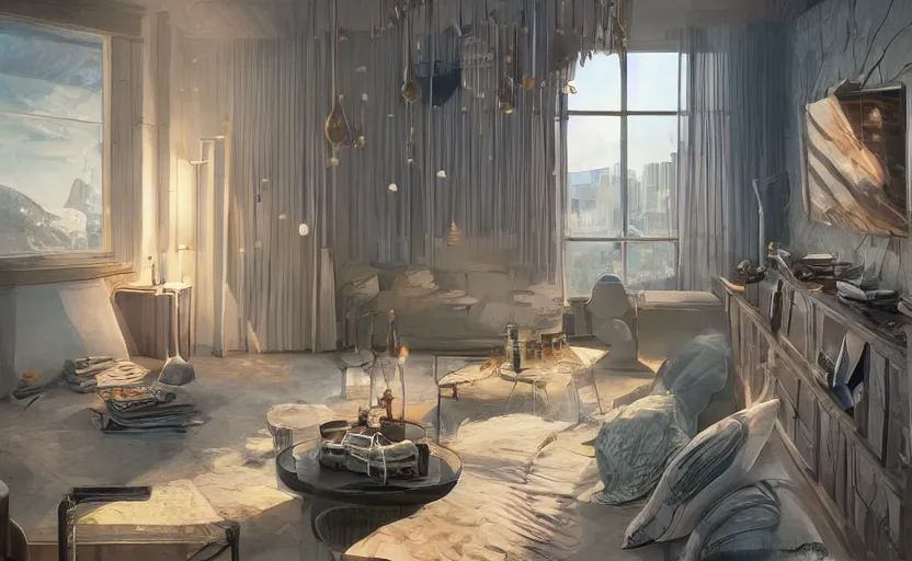 Prompt: a luxury condo interior on an alien moon by studio ghibli animated film, global illumination, beautiful composition, volumetric lighting, octane render by alena aenami, highly detailed