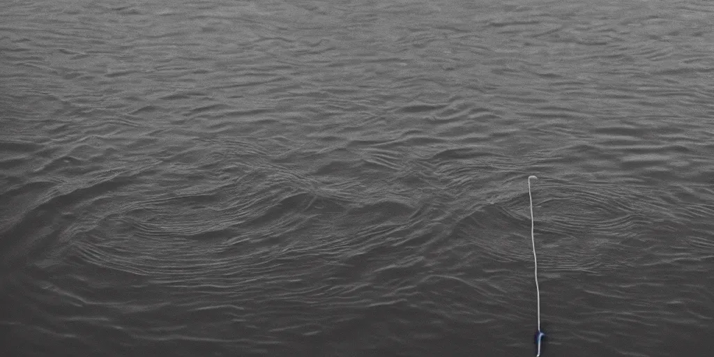 Image similar to an infinitely long rope floating to surface of water snaking across the center of the lake, overcast lake, 2 4 mm leica anamorphic lens, moody scene, stunning composition, hyper detailed, color kodak film stock