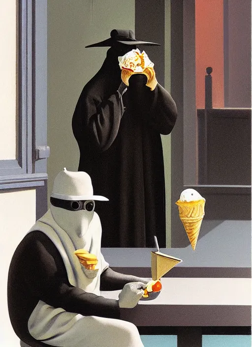 Image similar to plague doctor eating ice cream Edward Hopper and James Gilleard, Zdzislaw Beksinski highly detailed