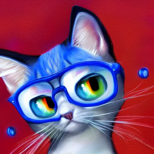 Prompt: spex is a blue snowshoe cat with red glasses, digital painting, detailed, cute trending on furaffinity