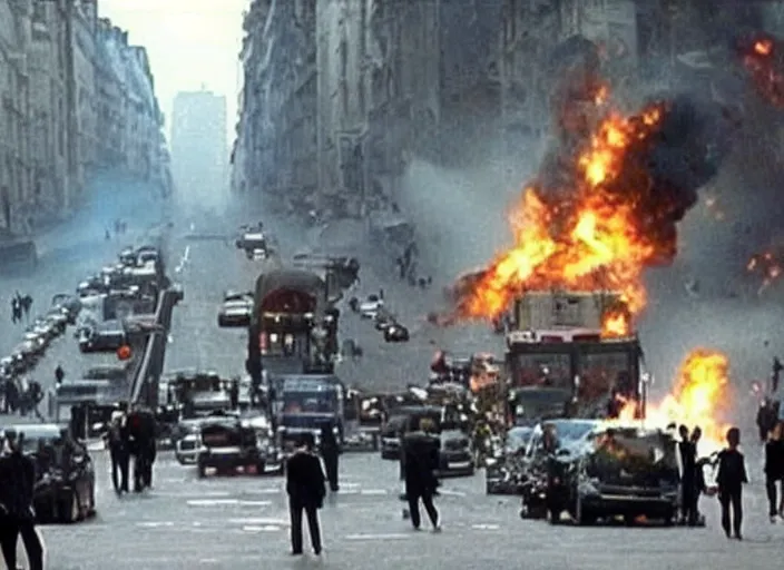 Prompt: awesome scene from the movie Inception where things explode in a street in Paris, Hollywood movie still