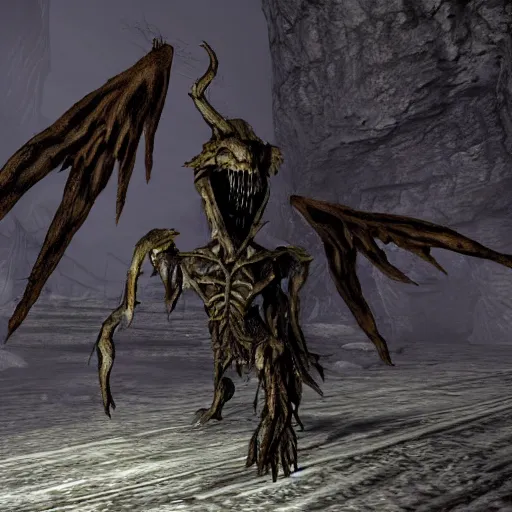 Image similar to screenshot of a horrid creature from Skyrim. It has angel wings, no eyes, and has long fingers with sharp teeth.