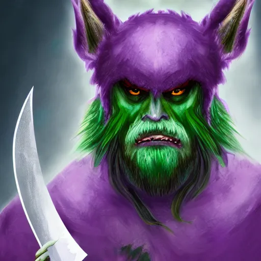 Prompt: super detailed portrait of a of a Dungeons and Dragons bugbear with green hair and purple eyes he looks angry at his knife, Fantasy, 4k, HD, DnD