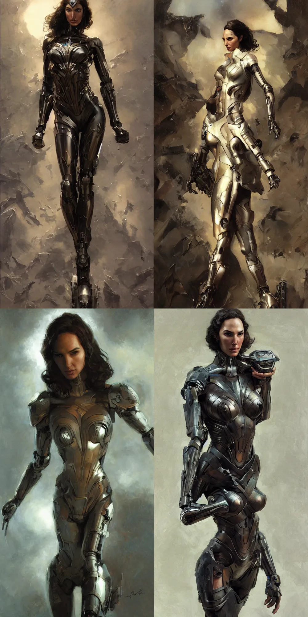 Prompt: cybernetic gal gadot by craig mullins and marc simonetti, Ross Tran and WLOP, by Andrew Wyeth and Gerald Brom, In the style of John singer Sargent and James gurney, ARTSTATION, cgsociety, polycount, character design, CINEMATIC, AWE INSPIRING, BEAUTIFUL, ART GERM