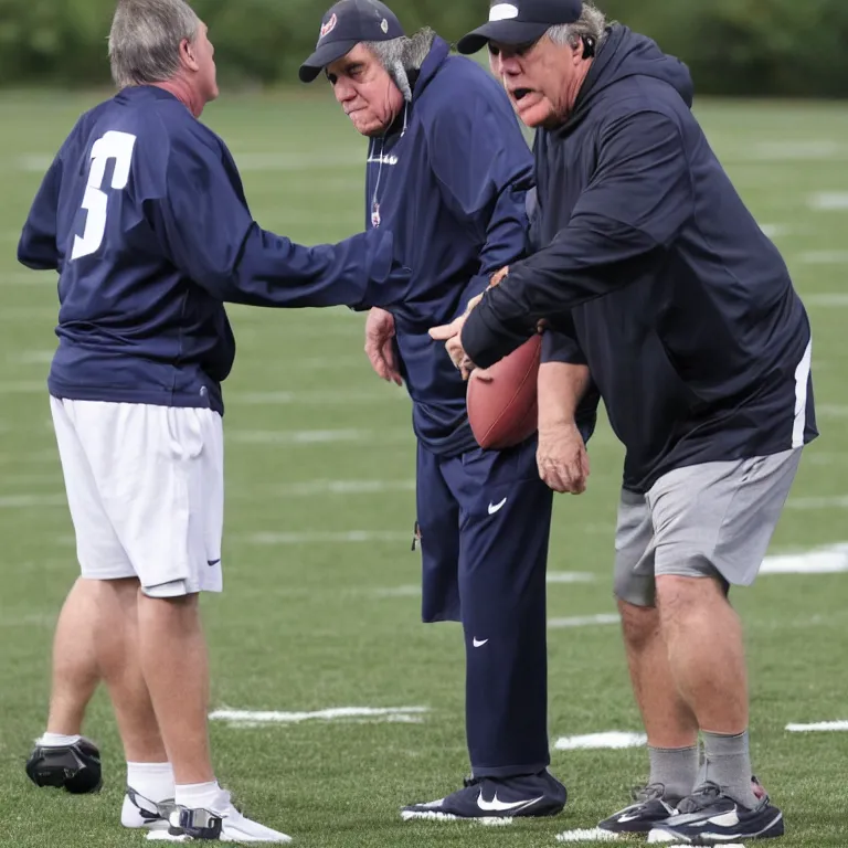 Prompt: A frustrated coach Belichick attempting to teach a visibly drunk player how to play football