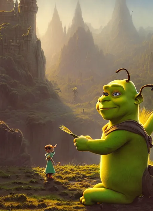 Image similar to shrek minion, stephen bliss, unreal engine, greg rutkowski, ilya kuvshinov, ross draws, hyung tae and frank frazetta, tom bagshaw, tom whalen, nicoletta ceccoli, mark ryden, earl norem, global illumination, god rays, detailed and intricate environment