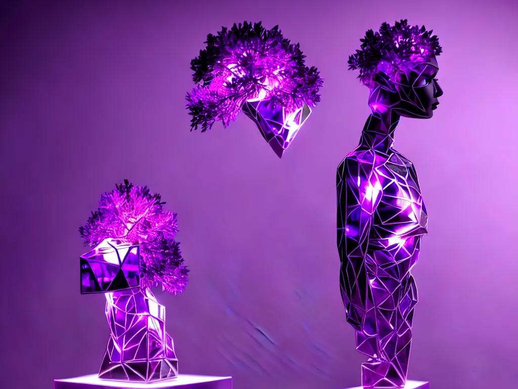 Image similar to beautiful mannequin sculpted out of amethyst by billelis + lit with purple 3 d geometric neon + chrome geometric cubed bonsai plants!!!!, doorway opening with neon pink geometric light, clean linework, dramatic, finely detailed, rule of thirds, moody, confident, award winning, 4 k, trending on artstation, photorealistic, volumetric lighting, octane render