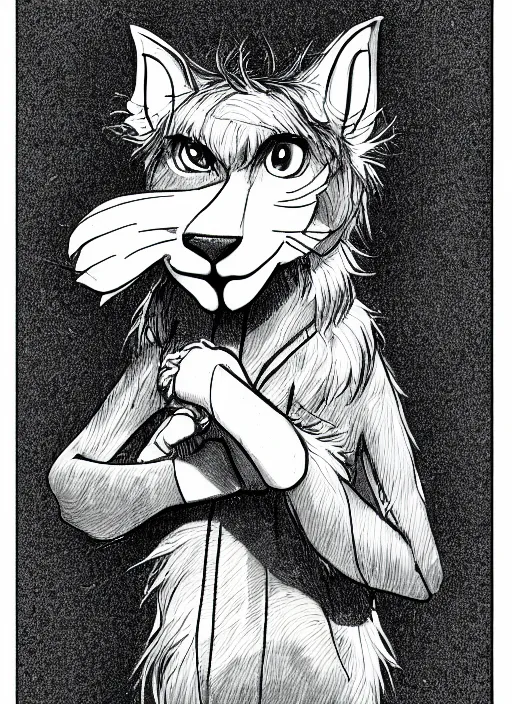 Prompt: a beautiful portrait commission of a gloomy male furry anthro flating in a dark somber void, detailed, inked, minty atmosphere