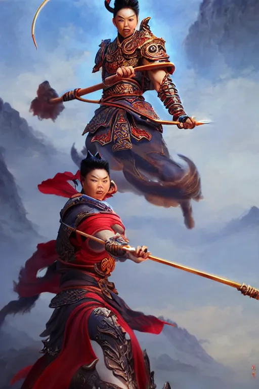 Image similar to charming nezha, highly detailed, man holding spear, flame everywhere, epic pose, masterpiece chinese fantasy character portrait, highly detailed, digital painting, trending on artstation, concept art, sharp focus, illustration, global illumination, ray tracing, realistic shaded, art by artgerm and greg rutkowski and fuji choko and viktoria gavrilenko and hoang lap