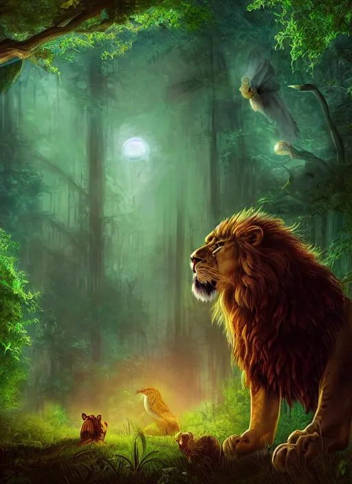 Image similar to portrait of a mythological beast with lion body and bird wings in the middle of a lush forest at night. diffuse neon light, dramatic landscape, fantasy illustration, matte painting