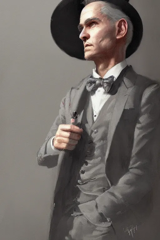 Prompt: a grey hair halfling with stubble top hat and suit by Greg Rutkowski, painting, portrait, high details, trending on artstation