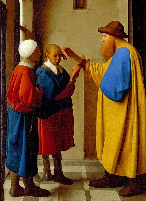 Image similar to Two little brothers meet a young man, medieval painting by Jan van Eyck, Johannes Vermeer, Florence