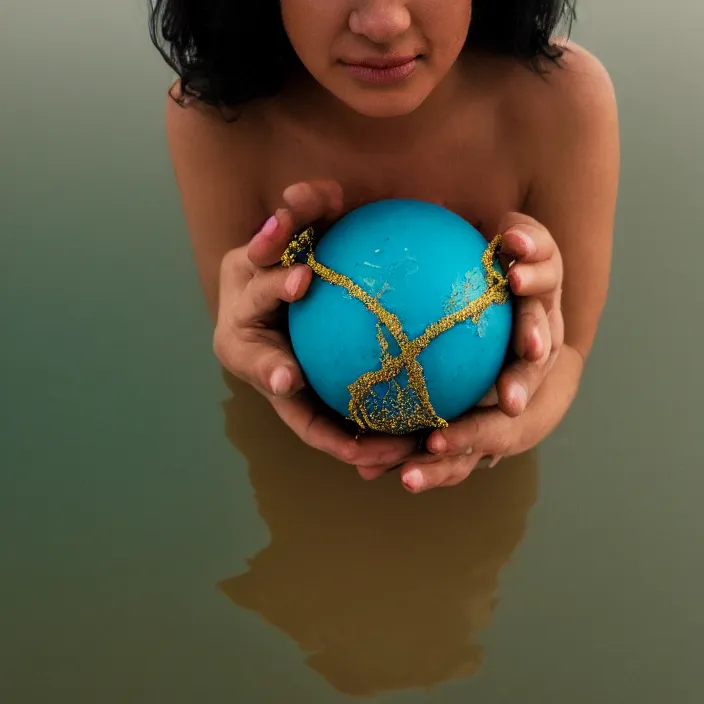 Prompt: a color photograph, closeup portrait of a woman wrapped in gold, standing next to a levitating turquoise orb, in a foggy lake, color photograph, by vincent desiderio, canon eos c 3 0 0, ƒ 1. 8, 3 5 mm, 8 k, medium - format print