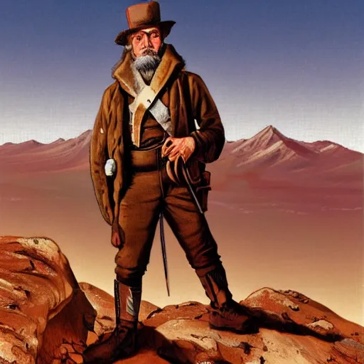 Prompt: 19th century scruffy american trapper standing atop a mountain, on mars, pulp science fiction illustration