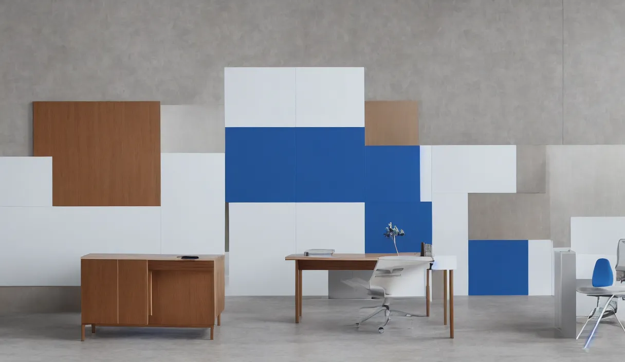Image similar to a very minimalistic 7 0 s prisunic catalog with white, blue, metal and wood with the indoor office of severance series ( 2 0 2 2 ), in color