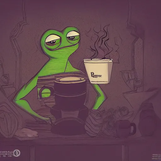 Image similar to pepe the frog offering coffee - composition : dynamic lighting, depth details, intricate, asymmetric, proportion, highly quality, balance, unity, extremely highly detailed. by bambang nurdianshyah ( face details and background ) garis edelweiss ( lighting ) roby dwi antono ( character and big details ) kira ayn varszegi ( small details )