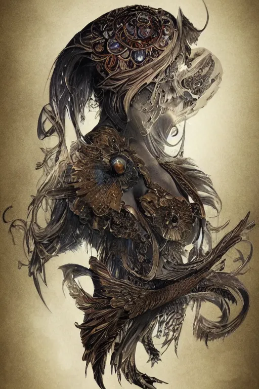 Image similar to a wlop 3 d render of very very very very highly detailed beautiful mystic portrait of a phantom undead raven with whirling galaxy around, tattoos by anton pieck, intricate, extremely detailed, digital painting, artstation, concept art, smooth, sharp focus, illustration, intimidating lighting, incredible art,