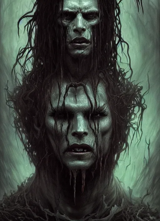 Prompt: portrait of a ancient bloodthirsty vampire man revenant with long tangles of black hair, eerie glowing eyes, gothic fog ambience, hyper realistic head, fantasy art, in the style of greg rutkowski, zdizslaw beksinski, intricate, alphonse mucha, hyper detailed, smooth