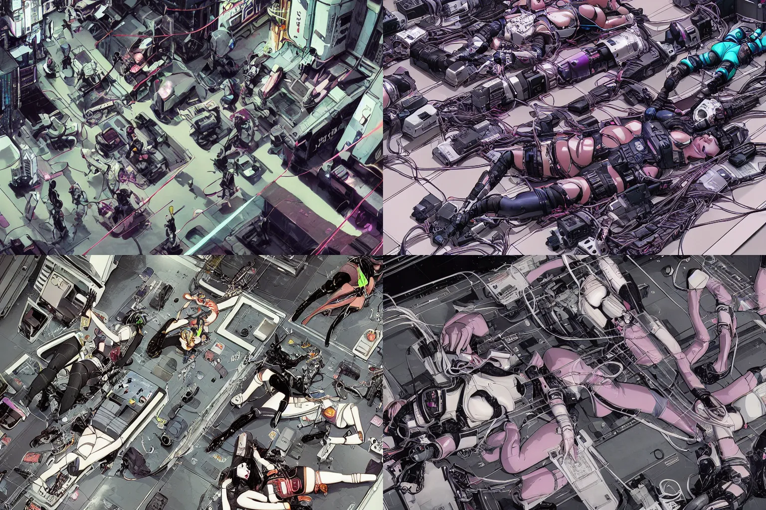 Image similar to a cyberpunk illustration of a group of female androids in style of masamune shirow, lying on an empty, white floor with their bodies scattered across, turned in different poses and cables and wires coming out, by yukito kishiro and katsuhiro otomo, hyper-detailed, intricate, view from above